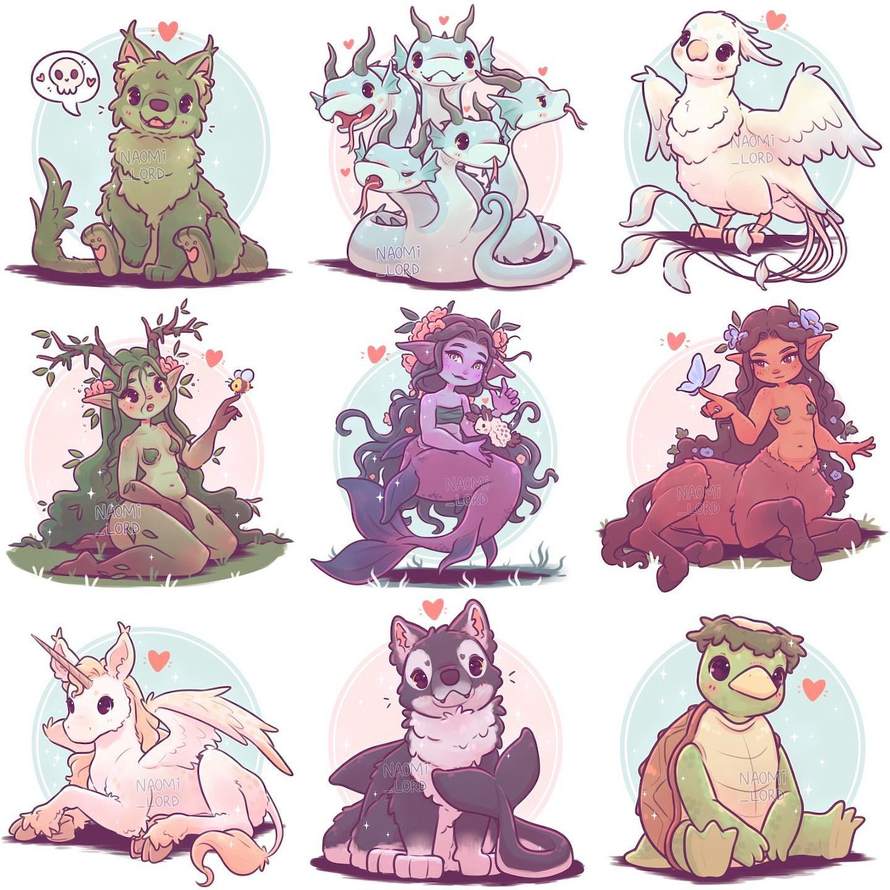 Grid of nine cartoon fantasy creatures including hybrids with horns, wings, and colorful designs