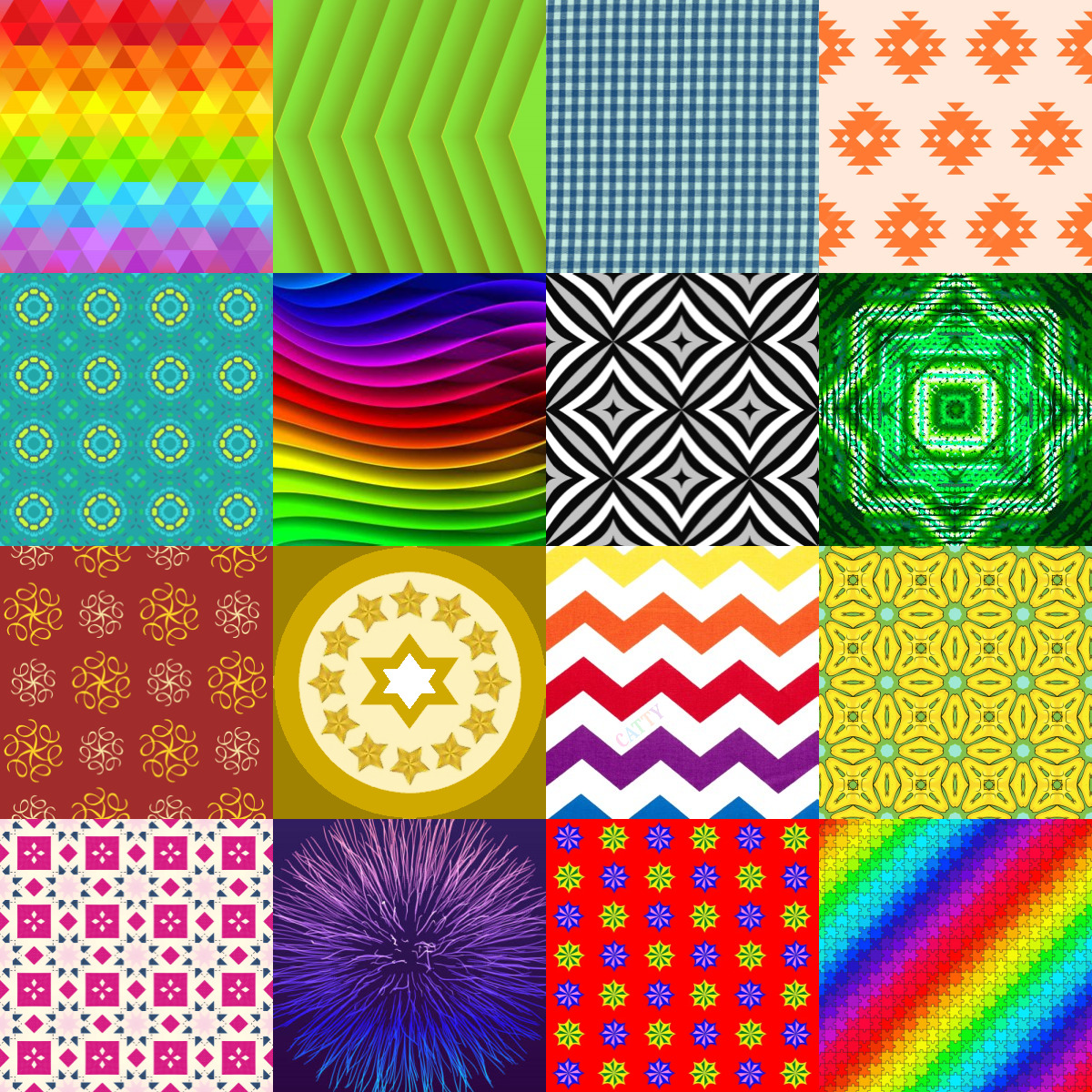 Grid of 16 colorful pattern squares with geometric designs, rainbows, and decorative motifs