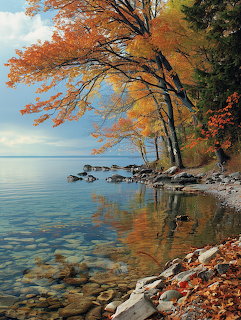 Autumn trees along a rocky lakeshore with calm clear water and orange leaf reflections
