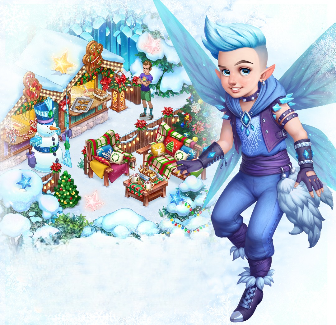 Blue-haired fairy character floating near miniature Christmas village with snow and festive decorations