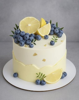 White frosted cake with lemon slices, blueberries, and green leaves on a cake stand