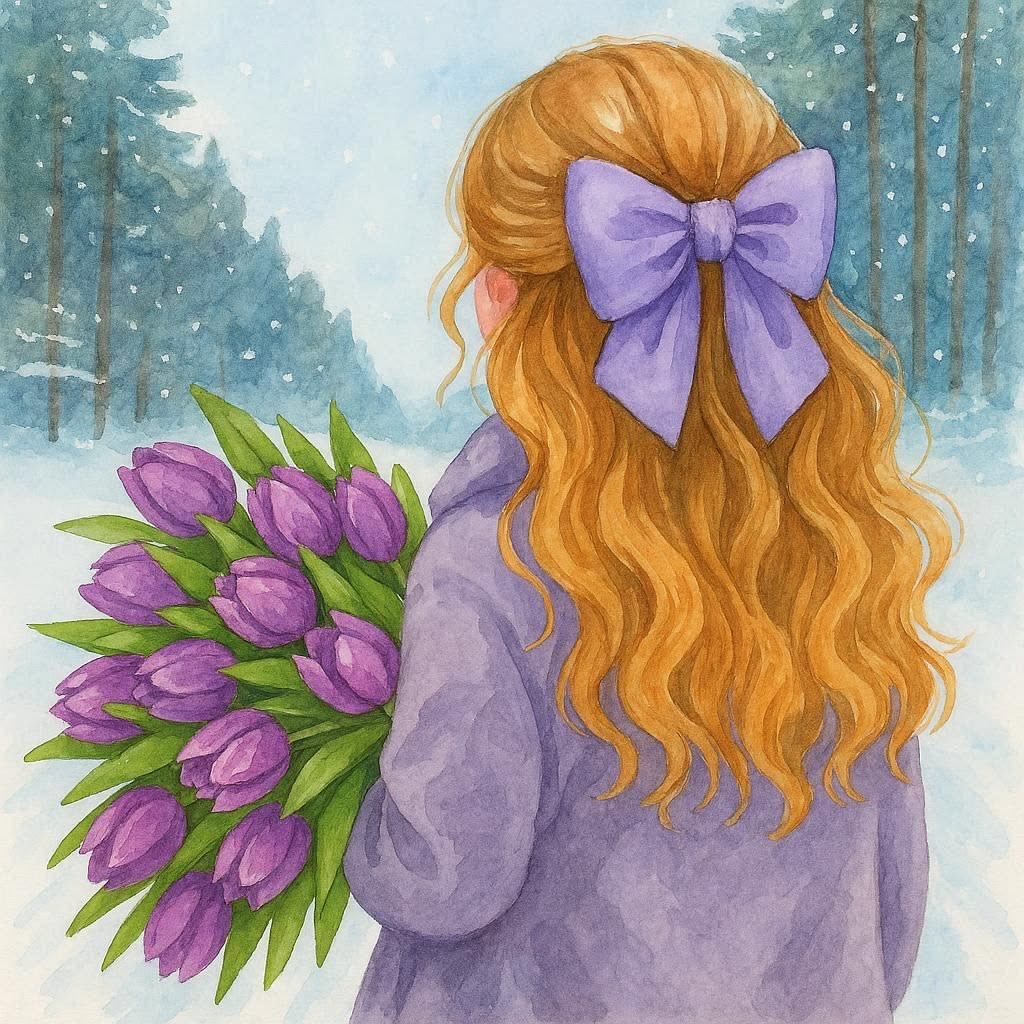 Woman with Purple Tulips Winter