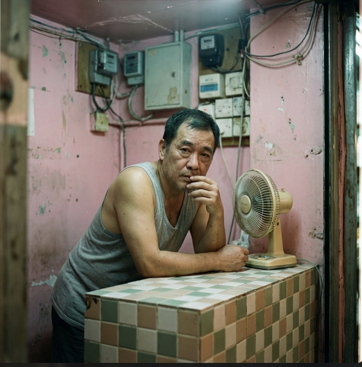 Man in sleeveless shirt leaning on checkered counter in small pink room with electrical boxes and fan