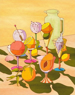 Colorful illustration of cocktail glasses with fruit garnishes, a pitcher of lemonade, and oranges on a sunny table