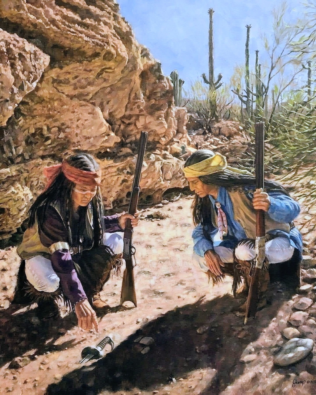 Painting of two Indigenous men with rifles crouching in a rocky desert wash