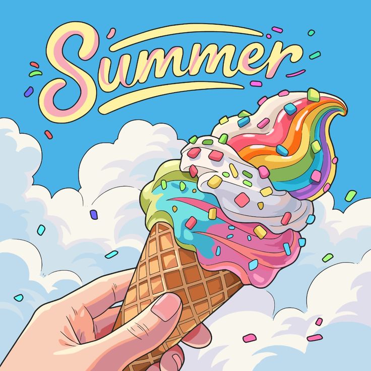 Hand holding vibrant rainbow swirl ice cream cone with colorful sprinkles and summer text above