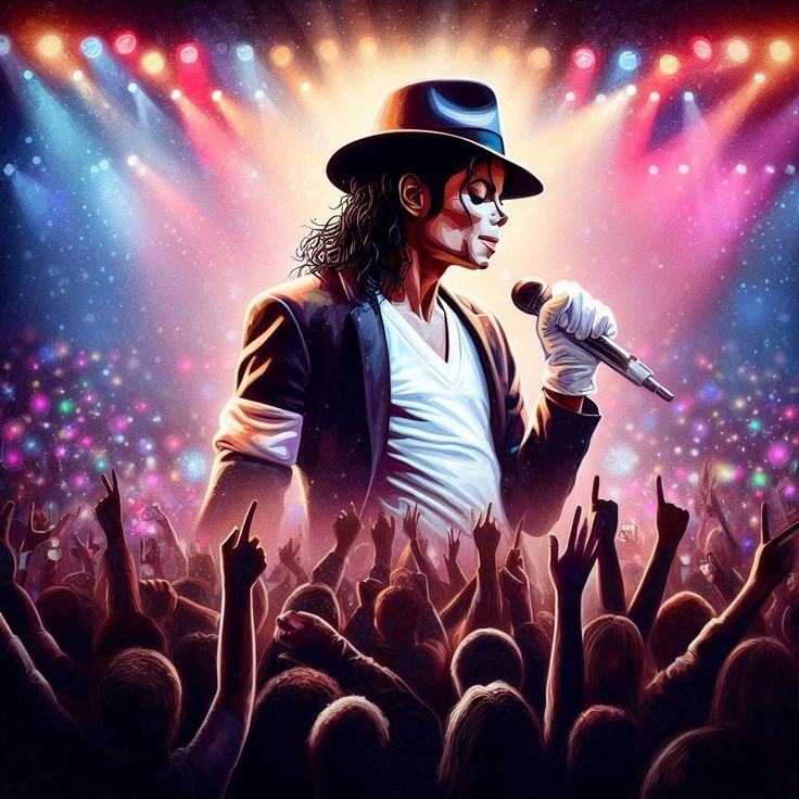 Animated singer performing on stage with microphone, crowd and colorful stage lights