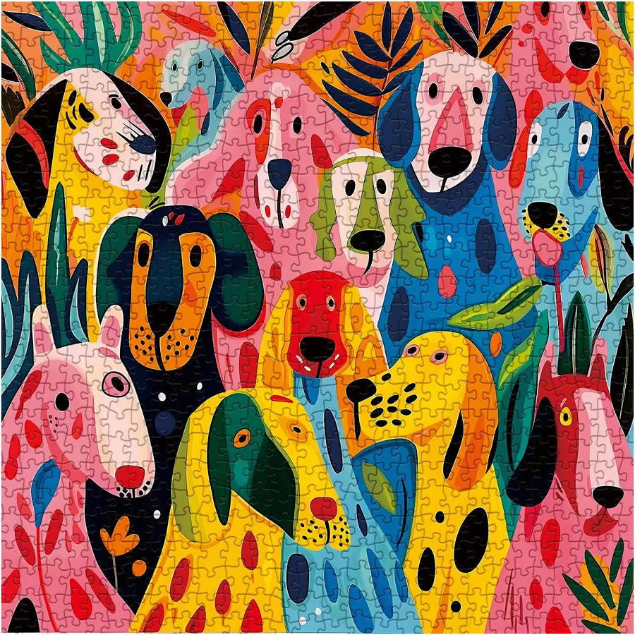 Colorful folk art illustration of overlapping abstract dog faces with tropical leaves in bright pink, yellow, and blue