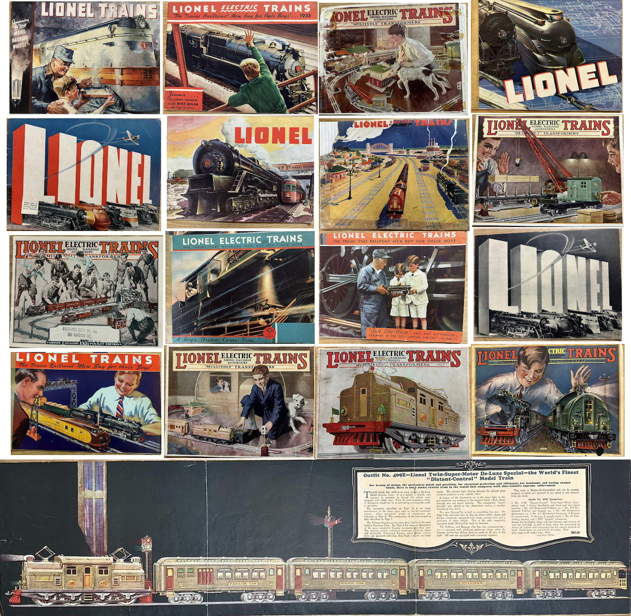 Collage of vintage Lionel train catalog covers and toy train illustrations