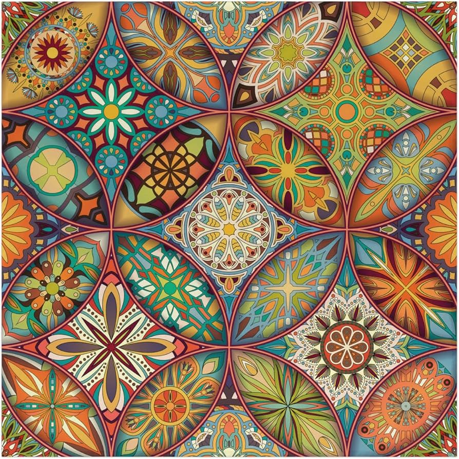 Colorful mosaic of decorative tiles with geometric and floral patterns in warm tones and turquoise
