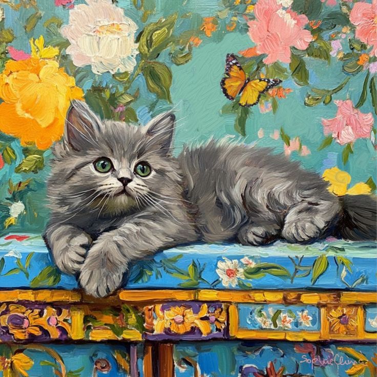 Painting of a fluffy gray kitten on a colorful floral table with flowers and a butterfly