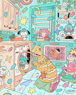 Colorful cartoon scene of cute Sanrio characters doing laundry with washing machines and soap bubbles