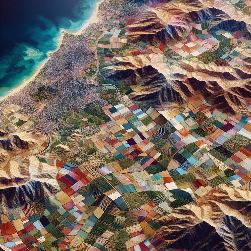 Aerial view of colorful patchwork farmland along coastal mountains and turquoise ocean