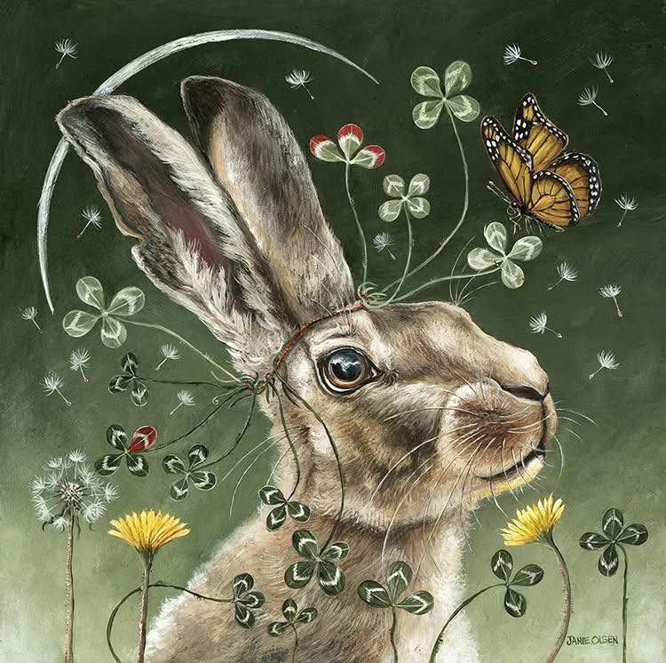 Painted brown hare with clovers, dandelions, and a butterfly on a green background