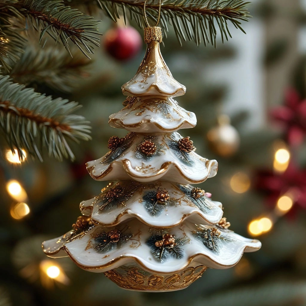 Snowy Christmas tree ornament hanging on a pine branch with warm blurred lights