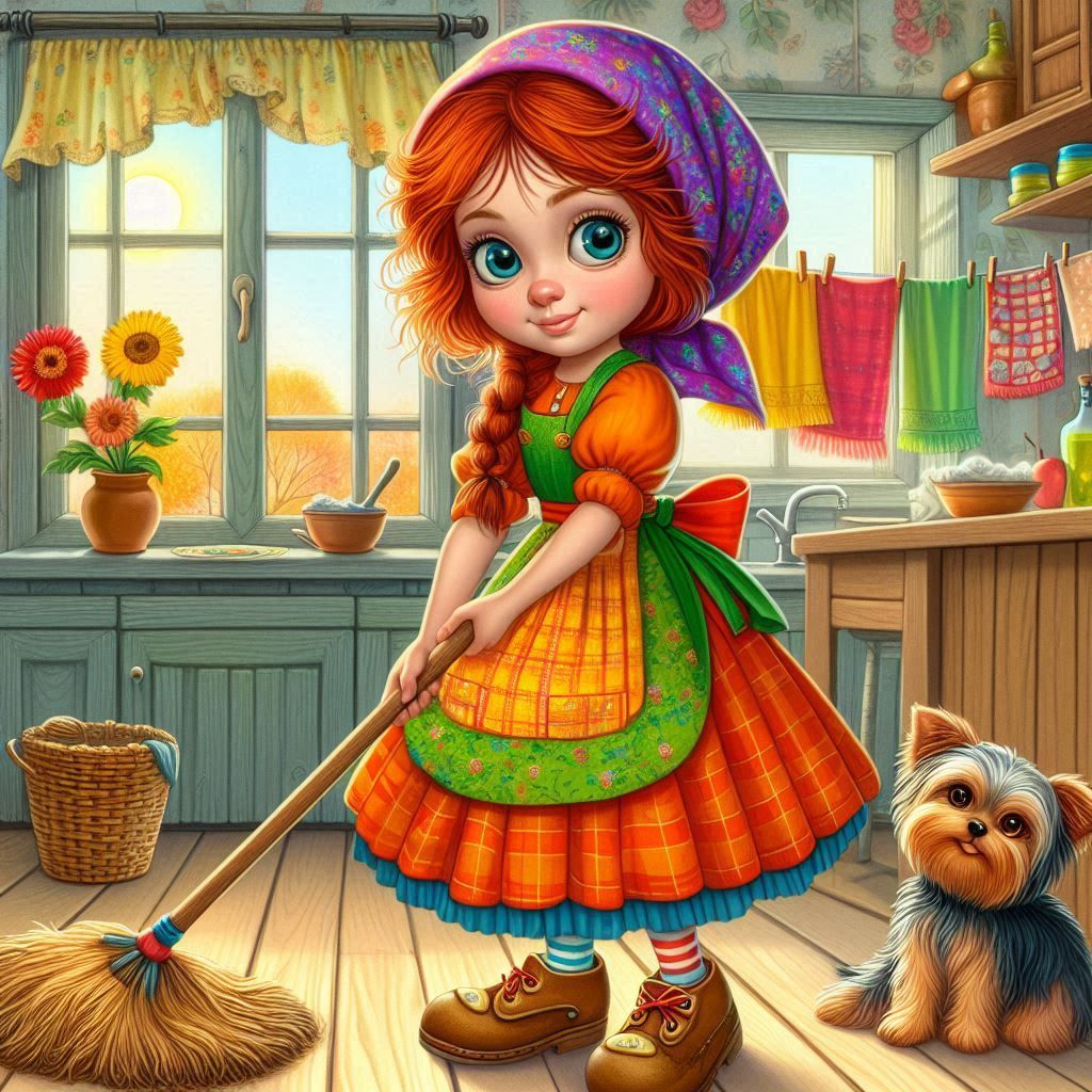 Cartoon girl in orange dress sweeping kitchen floor with broom while small dog watches