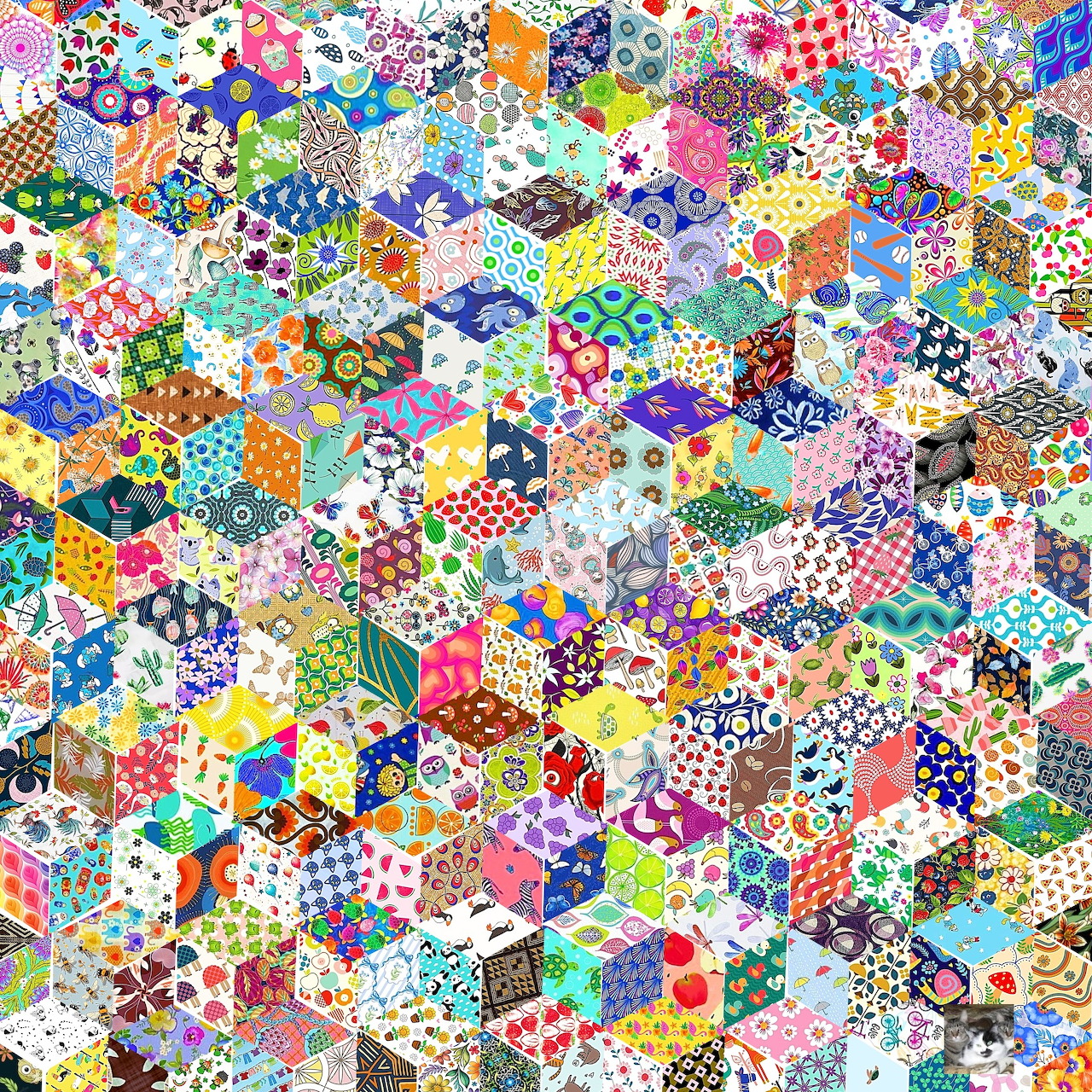 Dense collage of colorful hexagonal fabric patches with floral, polka dot, and geometric patterns forming a vibrant patchwork quilt