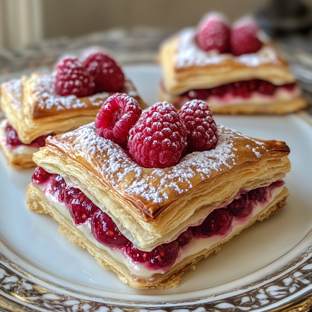 Layered puff pastry desserts filled with cream and raspberries, dusted with powdered sugar on decorative plates