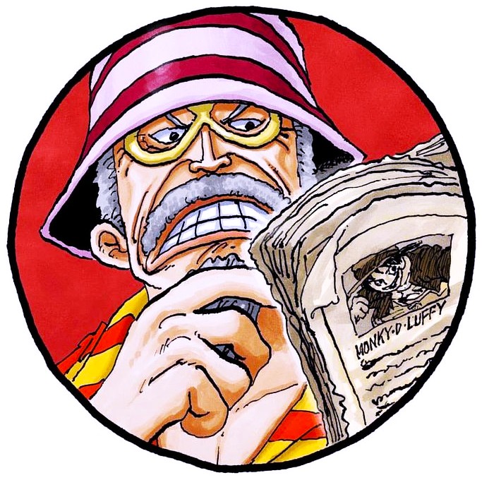 Manga character in striped hood reading newspaper with shocked expression, circular frame