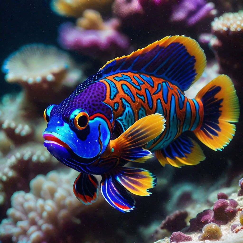 Colorful mandarin fish with blue body and orange patterns swimming near coral