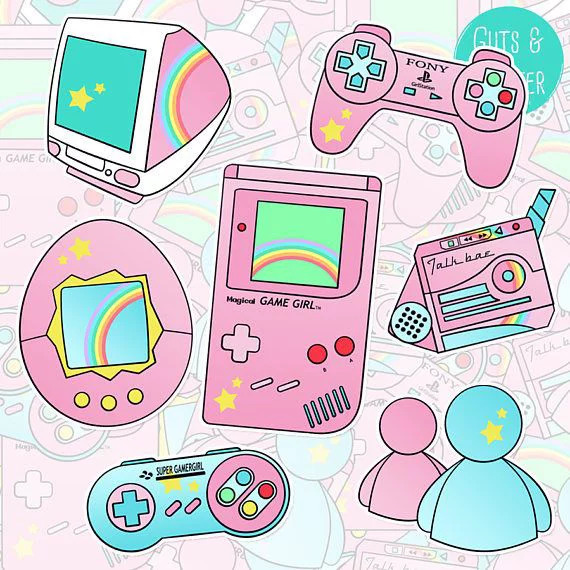 Pastel illustration of retro gaming devices, discs, cassette tape, and cute accessories