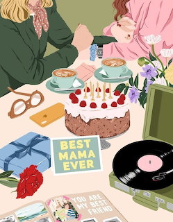 Illustrated Mother's Day table with cake, flowers, tea cups, card, and record player