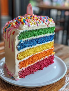 Colorful rainbow layer cake slice with white frosting and sprinkles on white plate
