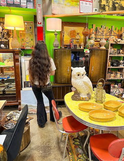 Vintage thrift store interior with retro furniture, lamps, a yellow table, red chairs, and an owl statue