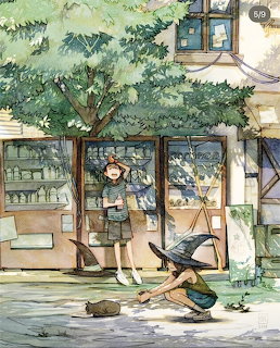 Girl standing and reading under a green tree in a peaceful illustrated courtyard with a hammock