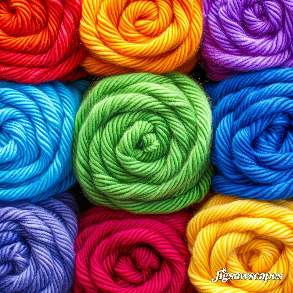 Nine colorful yarn balls in rainbow hues arranged in a 3x3 grid, each tightly wound showing detailed fiber texture