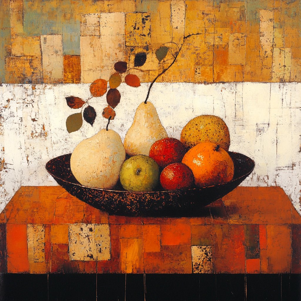 Abstract painting showing a vase with branches and bowl of colorful fruit on a textured table with geometric patchwork background