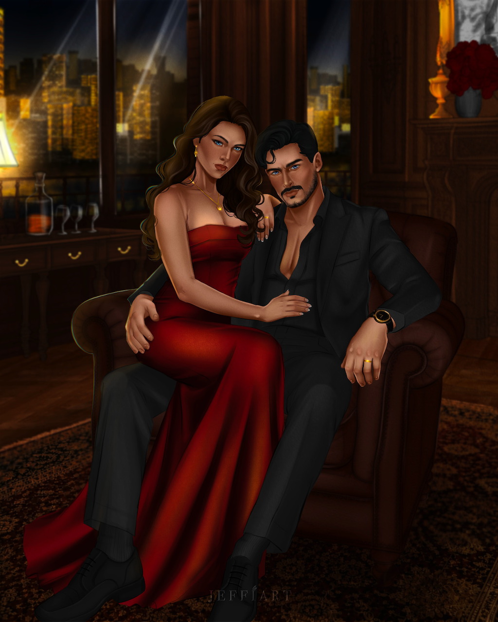 Illustrated couple sitting together in an armchair, woman in a red dress and man in a dark suit