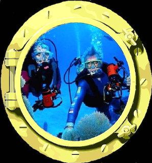 Two scuba divers viewed through a round golden porthole with blue underwater background and coral