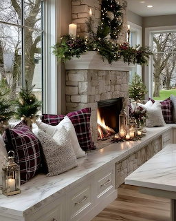 Decorated Christmas tree beside a glowing fireplace with stockings in a cozy living room