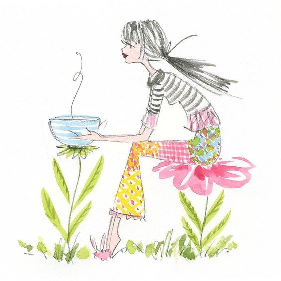 Illustrated girl holding a steaming bowl beside large flowers
