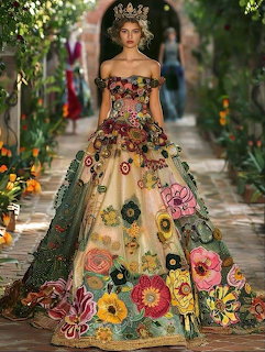 Model in ornate floral embroidered ball gown walking on a garden path runway
