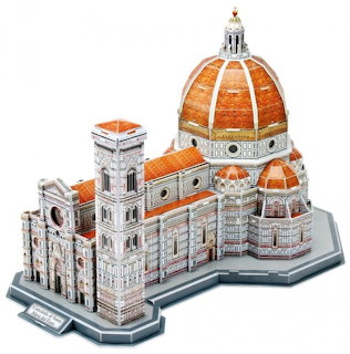 Architectural model of a cathedral with a large orange dome and bell tower on a white background