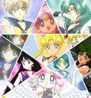 Anime characters from Sailor Moon series arranged in a group illustration with colorful backgrounds