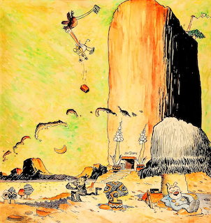 Krazy Kat comic illustration showing characters in a colorful desert scene with tall mesas and rocks