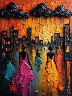 Textured oil painting of women in colorful dresses walking in a city with dark clouds and buildings