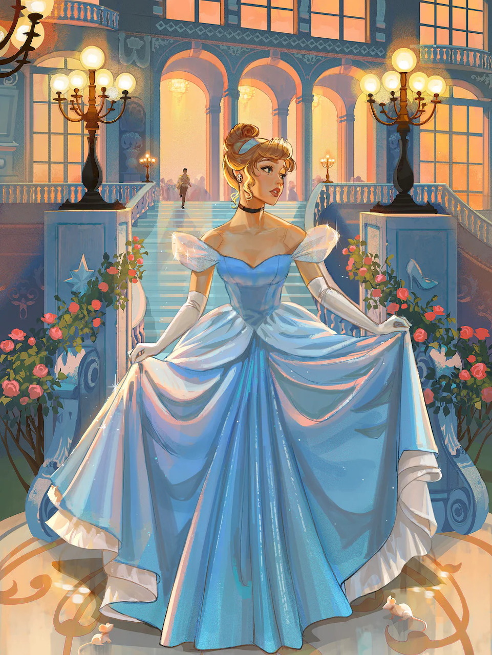 Cinderella in a blue ball gown standing at a palace entrance with pink roses and grand staircases