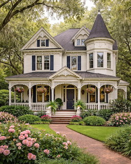 White Victorian house with turret and porch surrounded by garden with pink flowers and green lawn