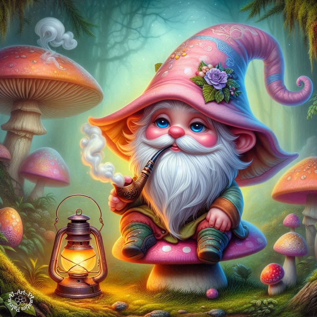 Illustrated gnome with white beard, pink hat, pipe, and lantern sitting on a mushroom in a fantasy forest