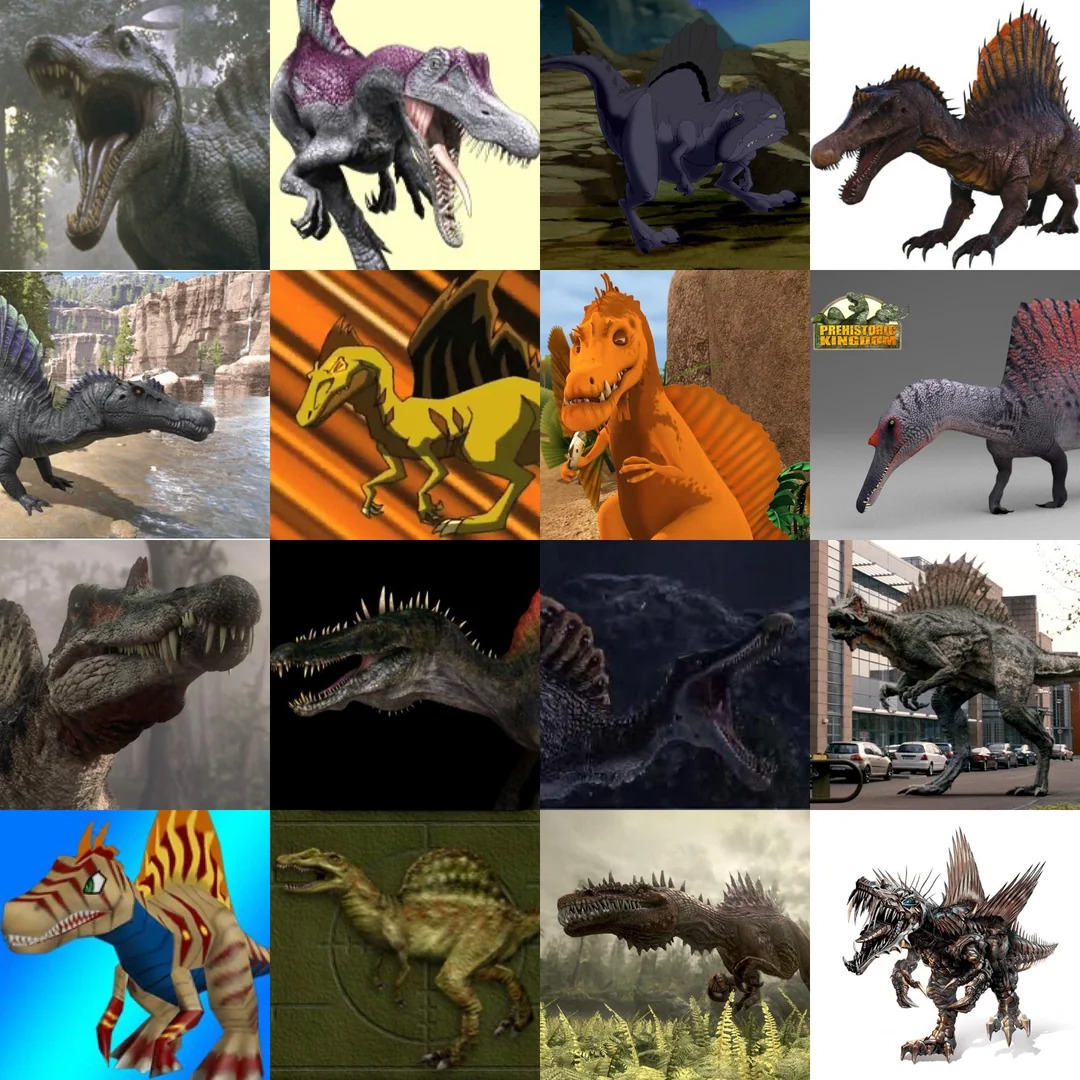 Collage of various Spinosaurus dinosaur images in different poses and artistic styles