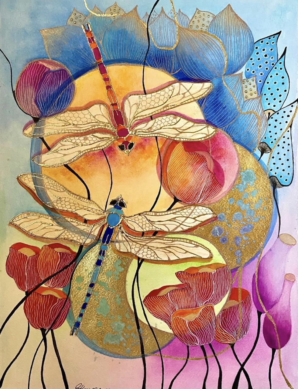 Watercolor painting of dragonflies with lotus flowers and seed pods in orange, pink and blue hues