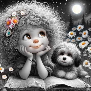 Cartoon girl with large eyes and curly hair next to small fluffy dog among daisies at night