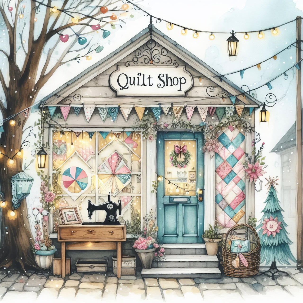 Watercolor illustration of a quaint quilt shop with bunting, hanging lanterns, and colorful quilts on display