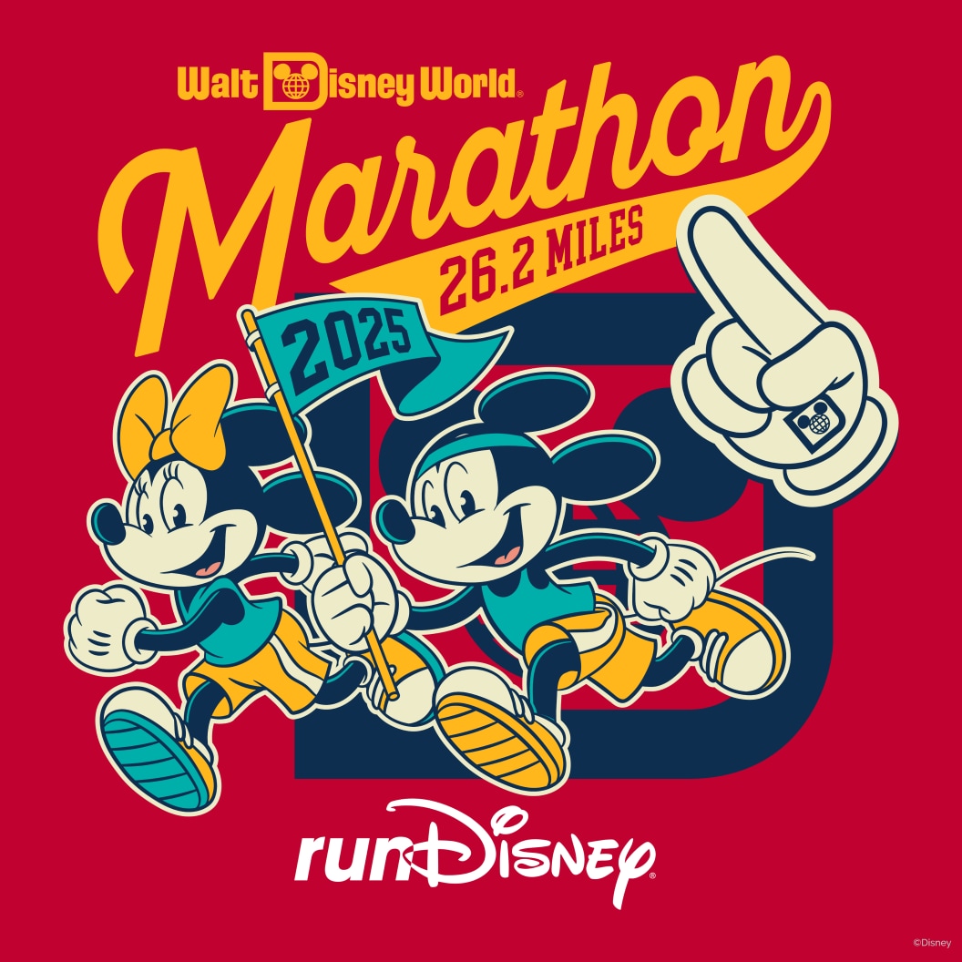Mickey and Minnie Mouse running together in colorful marathon event poster with red background