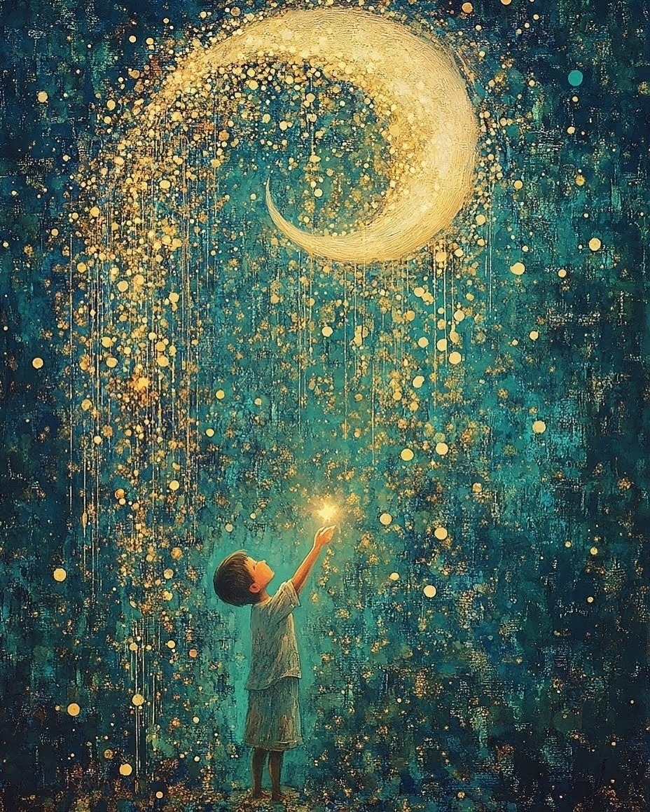 Angel in teal reaching toward crescent moon in starry sky with golden light cascading down