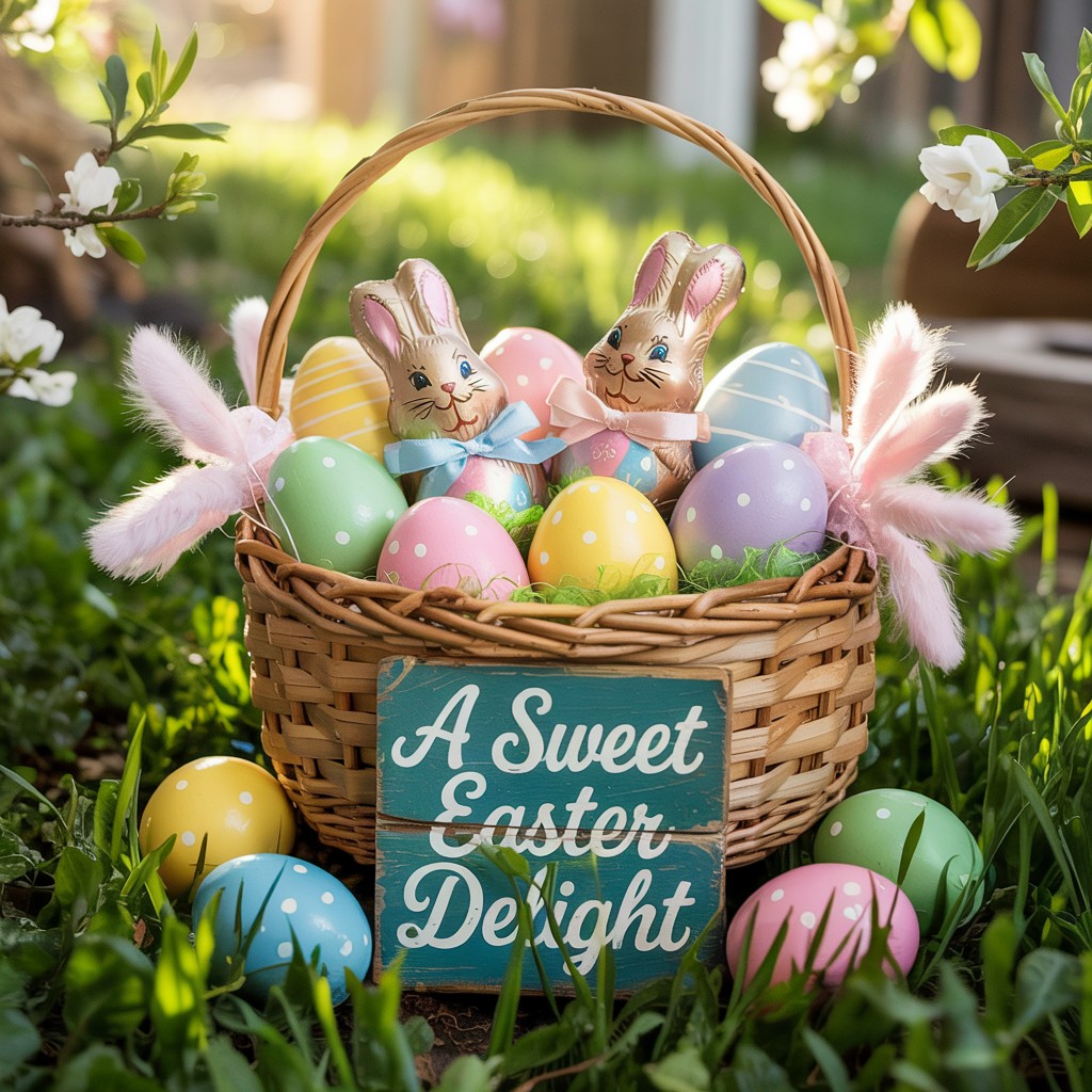 Wicker basket filled with pastel Easter eggs and stuffed bunnies on green grass with a decorative sign